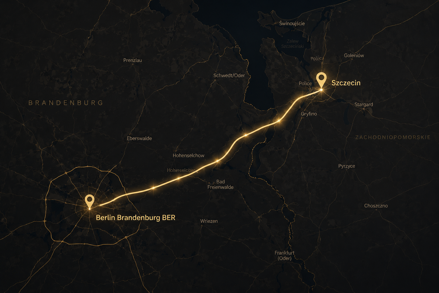 Mapa trasy Szczecin Berlin BER