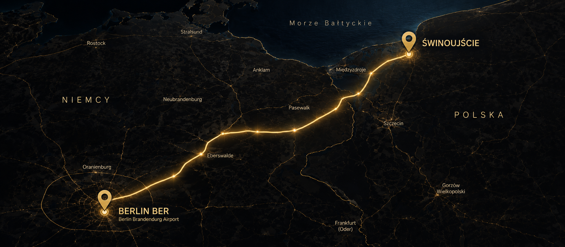 Mapa trasy Świnoujście Berlin BER