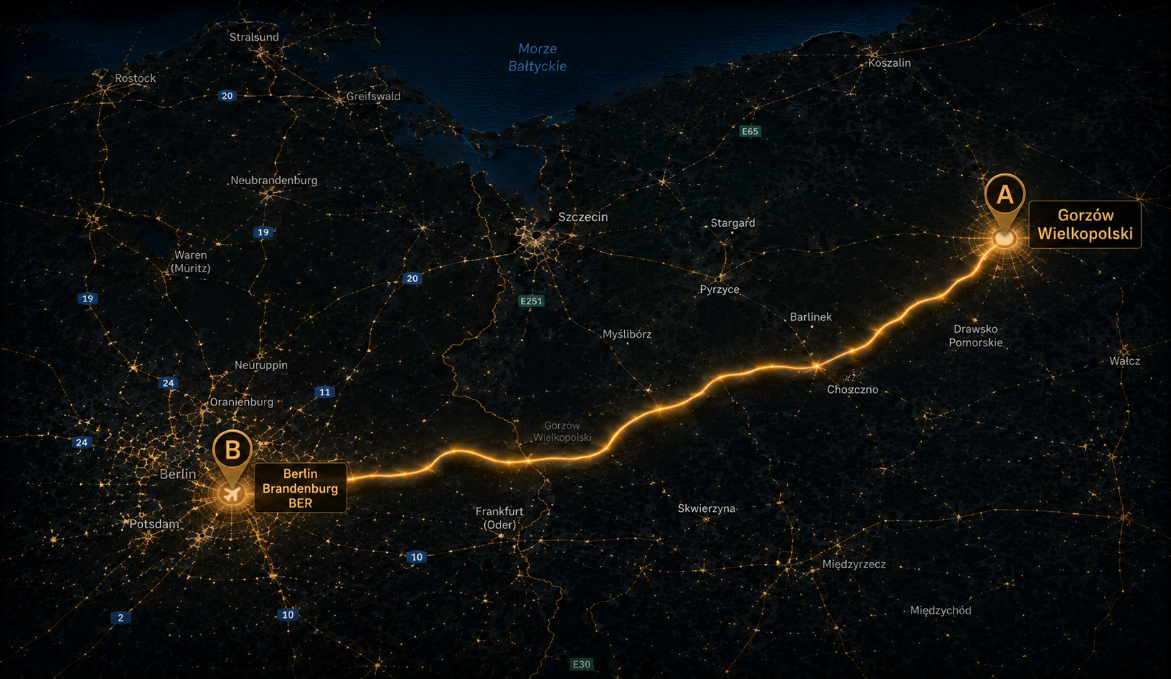 Mapa trasy Gorzów Wielkopolski Berlin BER